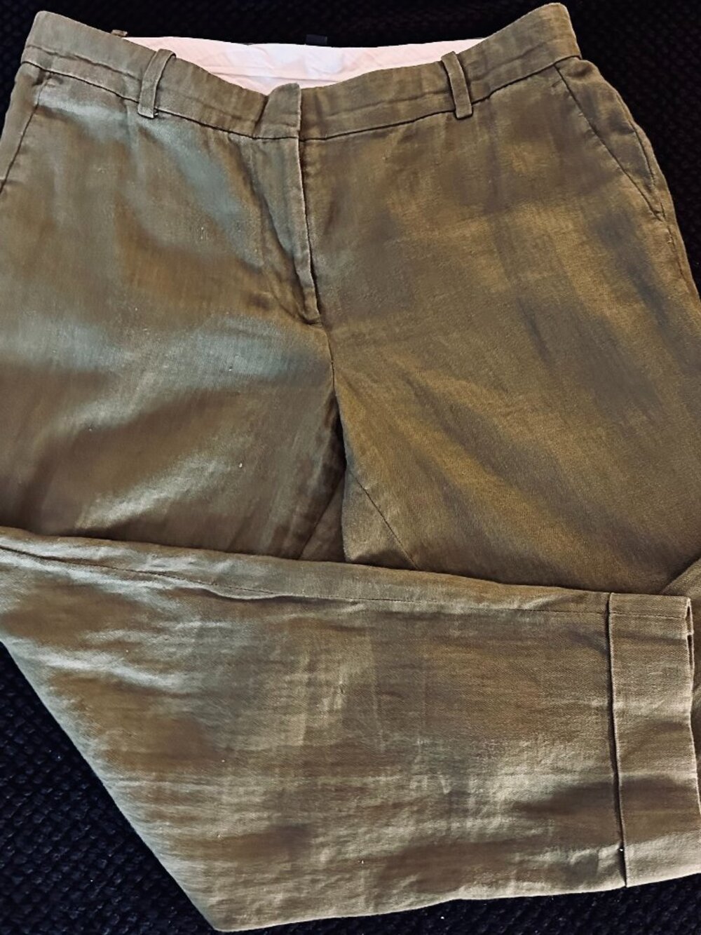 | Crew Olive Green 100% Linen Cuffed Trousers | Size 10